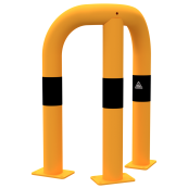 Anti-nudge hoop 90 | equal-sided | steel tube  76 mm | yellow / black | total width: 350 mm | height above ground: 650 mm | to be fixed by plugs